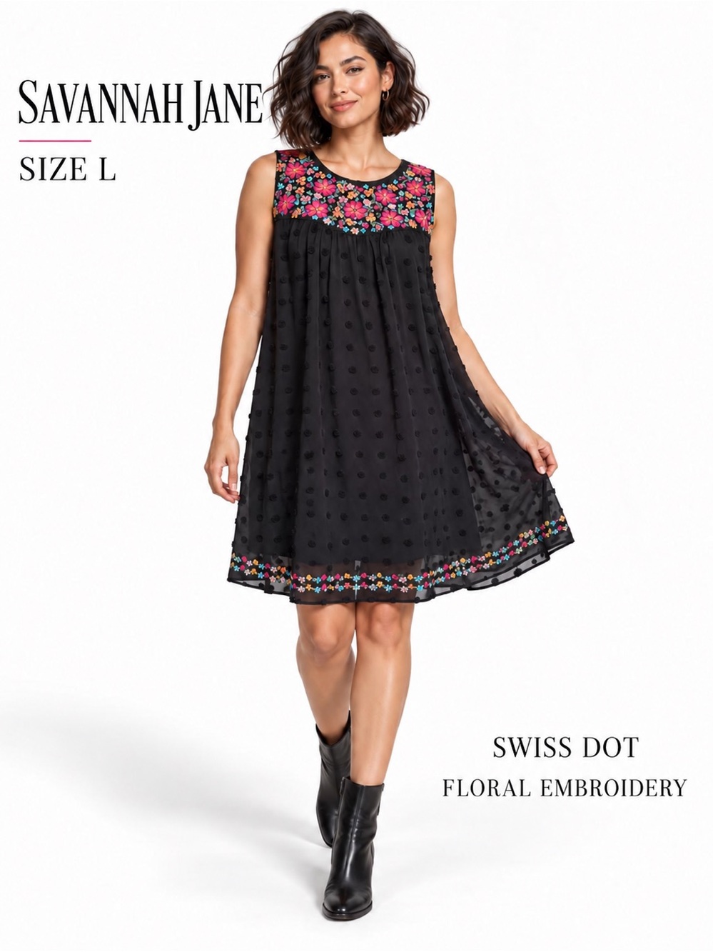 Savanna Jane Black pink Sleeveless Swiss Dot Dress Multicolor Floral Embroidery